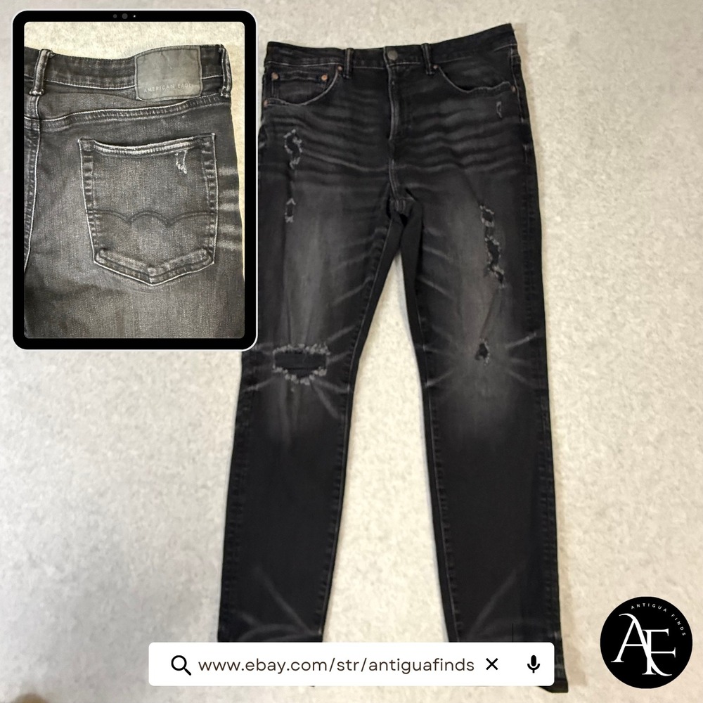 American Eagle Airflex+ Skinny Distressed Black Jeans 34x32 Ripped Denim